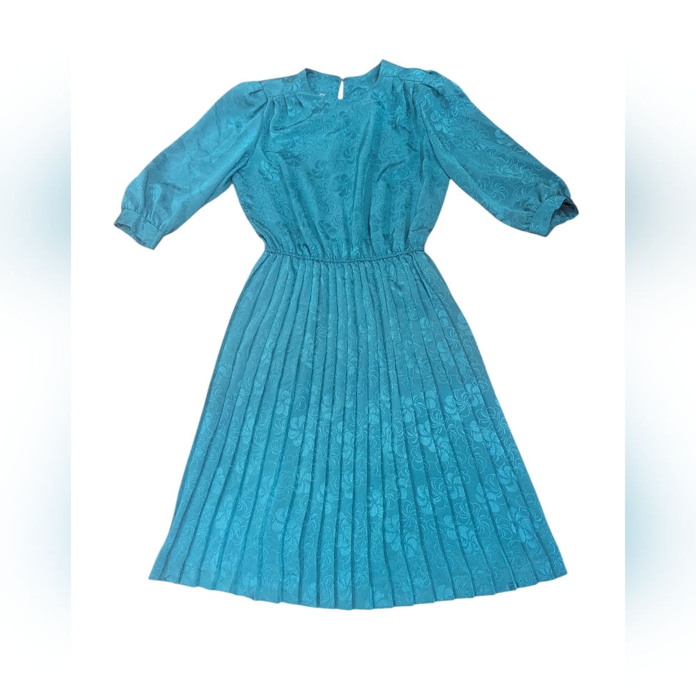 Vintage 80s Alexis Fashions Inc Turquoise Blue Pleated Dress - Sz L